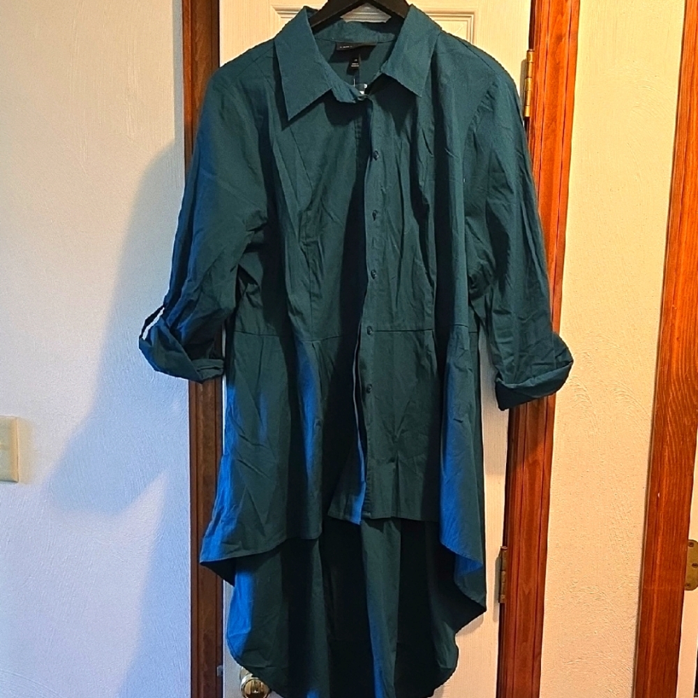 Teal Button Up High Low Blouse